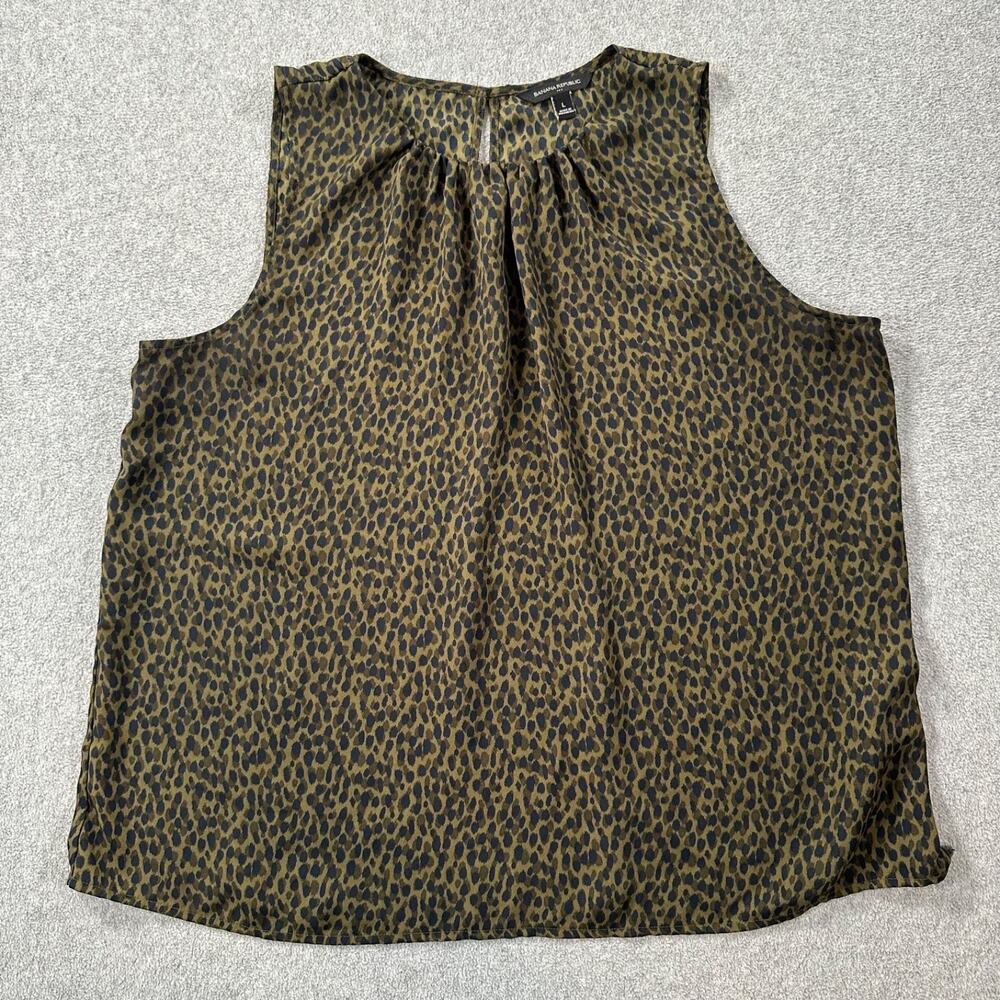 Banana Republic Shirred High Neck Blouse Tank Top Size Large Green Animal Print